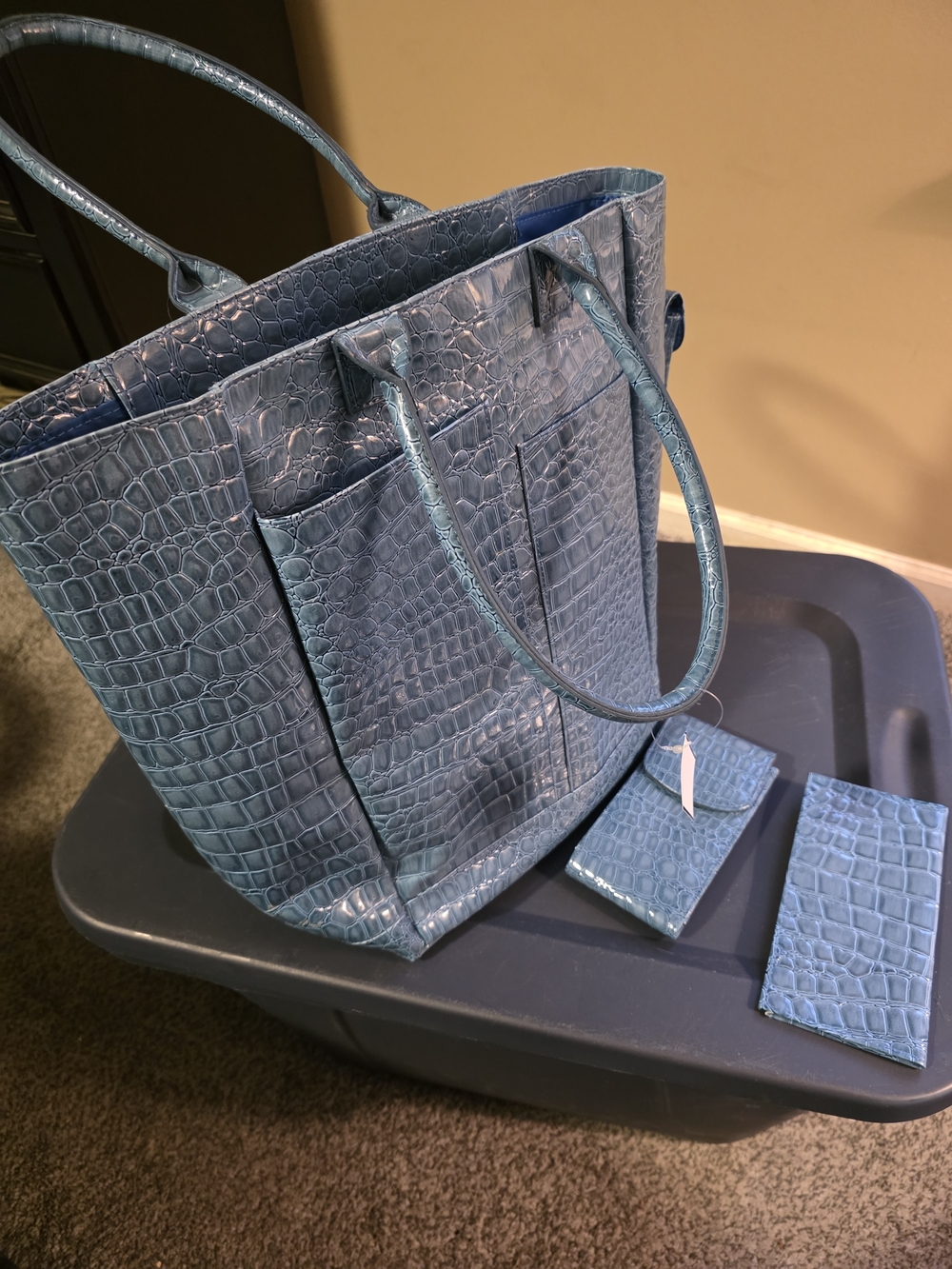Buxton Blue Croc-Embossed Tote with Matching Wallets